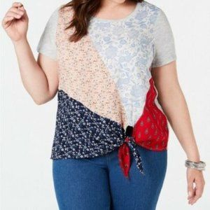 Style & Co Scarf Sensation Patchwork Tie-Hem Top